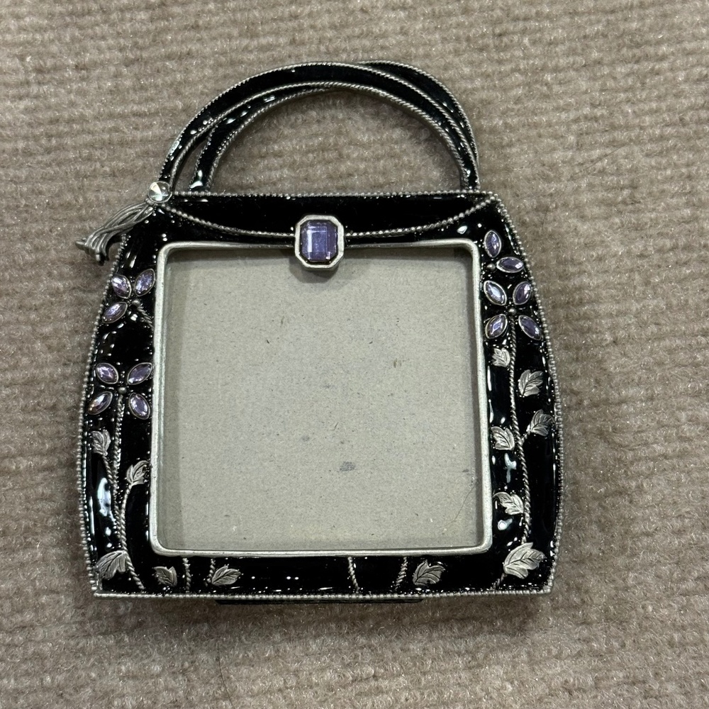 PHOTO FRAME:  Jeweled Purple and Black Enamel Purse Bag Picture Frame Floral